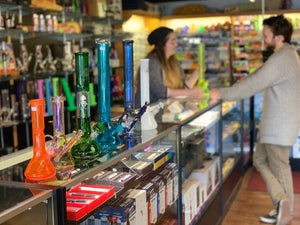 BC Smokeshop Storefront with glass bongs by Gear, Red Eye, Hydros, Nice Glass