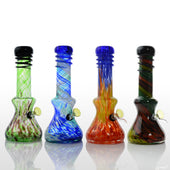 Four Bongs that are 10'' tall shown in various Colours. Green, Blue Teal and White, Red and orange Fading to blue, and Dark Rasta