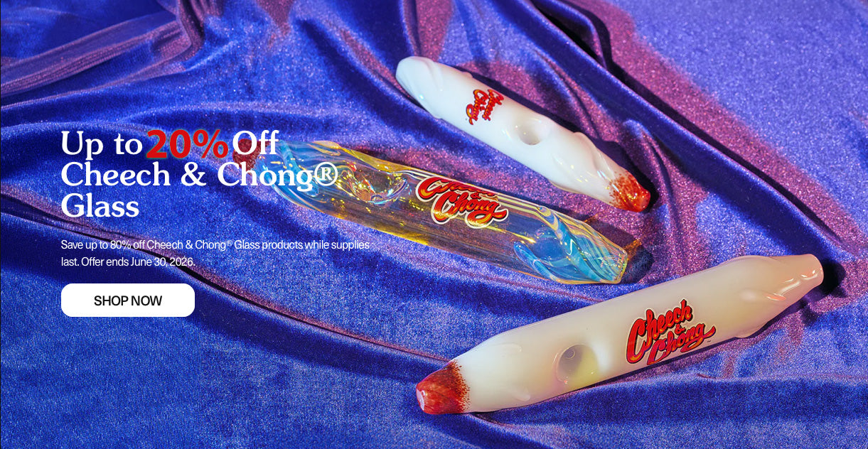 Two Cheech & Chong glass pipes on a blue textured background with promotional text.