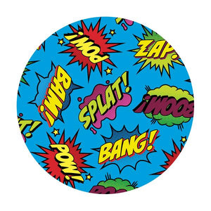 Blue circular dab mat with comic style words Bam, Splat, Zap..