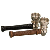 Two little pipes, sitting side by side.  Metal bowls with a wooden stem.  One black one brown.