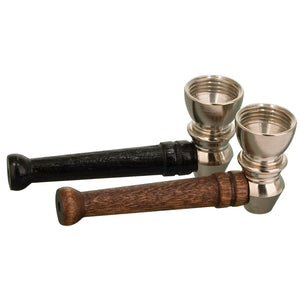 Two little pipes, sitting side by side.  Metal bowls with a wooden stem.  One black one brown.